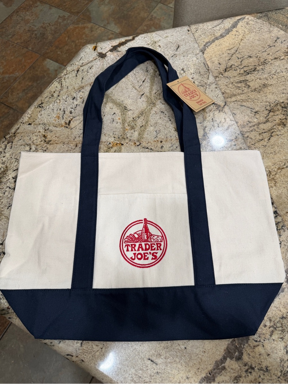 Trader Joe's Canvas Tote Bag in Navy & Cream